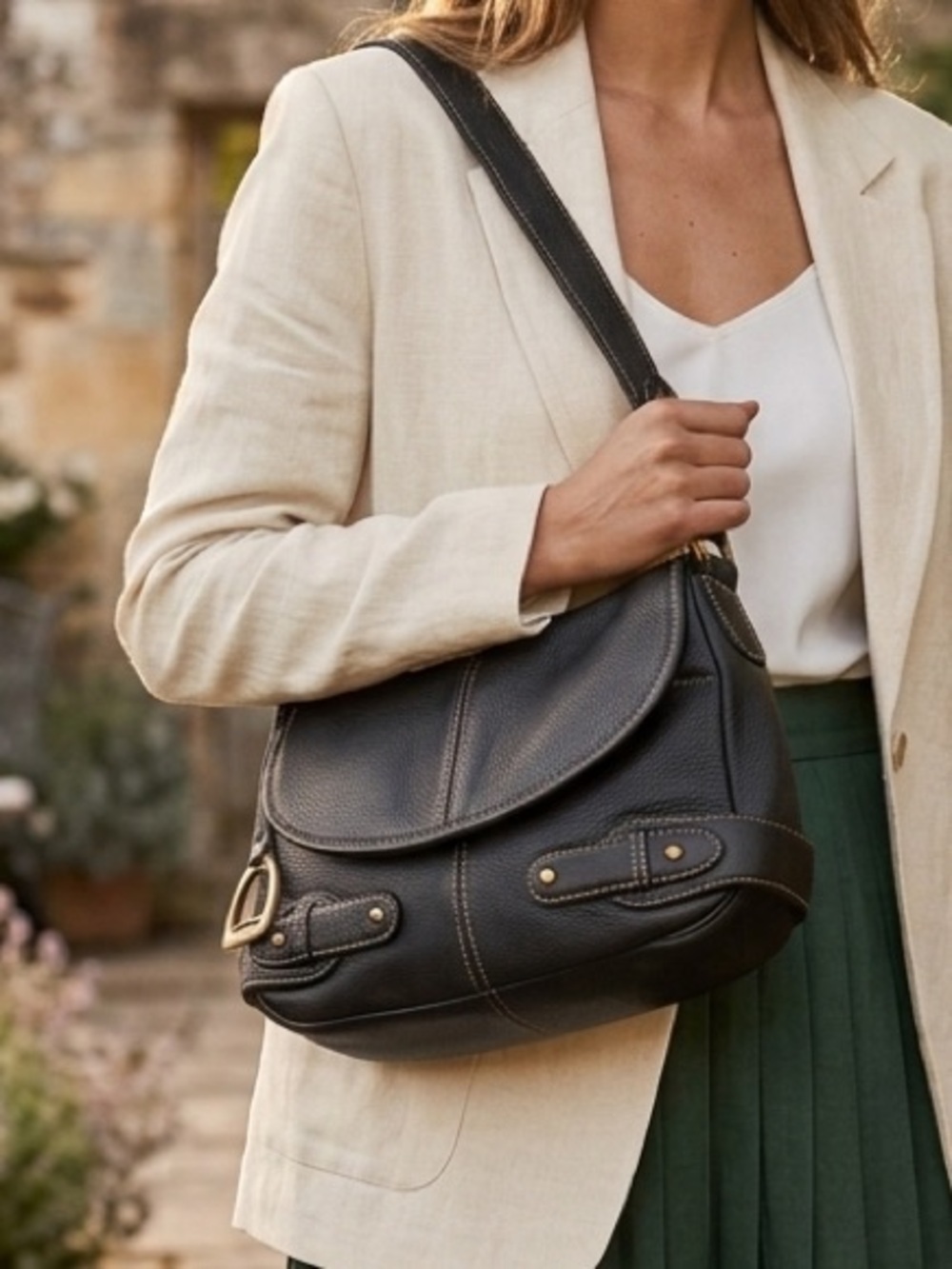 Ralph Lauren Chaps Y2K Black Leather Baguette Shoulder Bag Purse